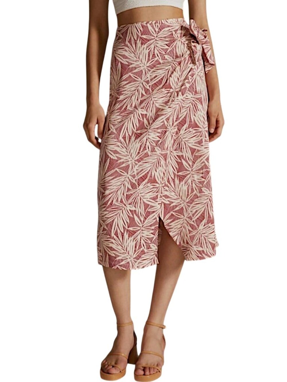 Anthropologie Wrap Midi Skirt 8 Burgundy Viscose Tropical Palm Fern Print